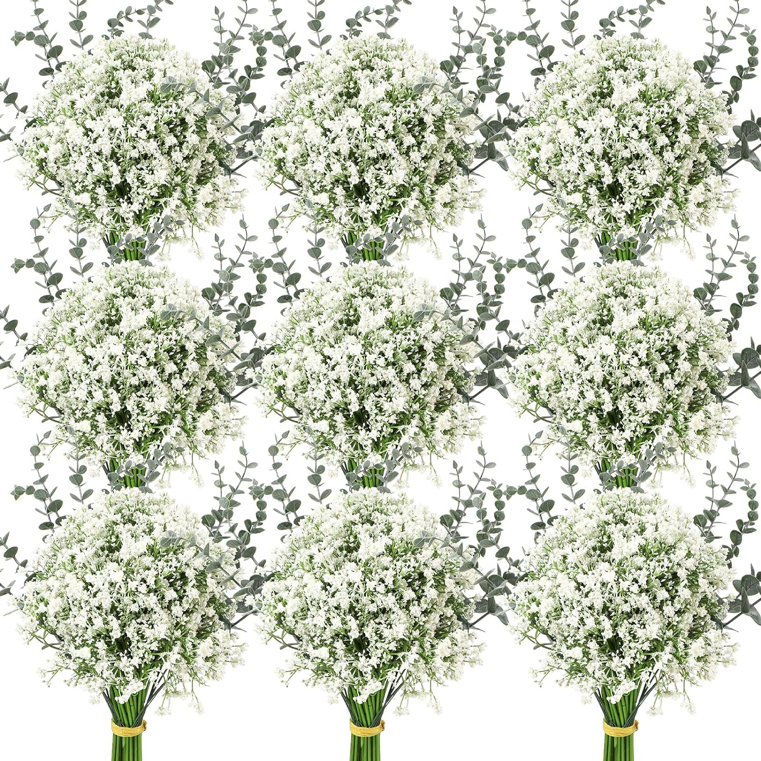 Retrowavy 150 Pcs Babys Breath Artificial Flowers Bulk Babys Breath Flowers Gypsophila Bouquets with Faux Eucalyptus Stems Leaves for Wedding Bouquet Party Filler Home Decor