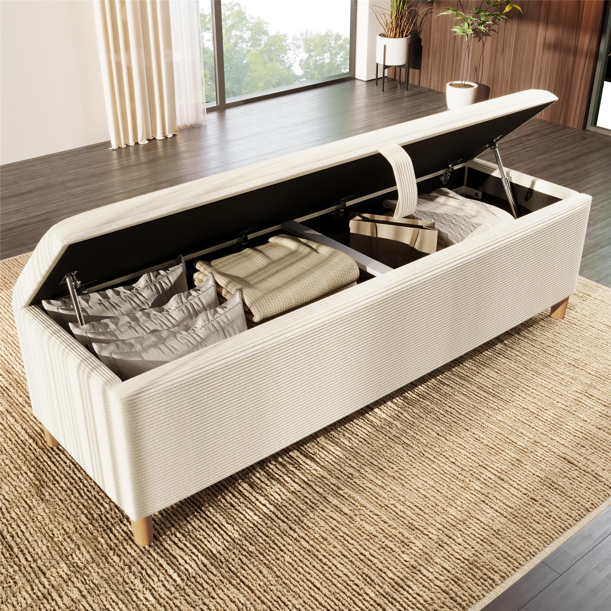 Polsterbank mit Hydraulischem Stauraum, 175 x 38 x 46 cm Aufbewahrungsbox, Bettbank Sitzbank für Flur, Wohnzimmer, Schlafzimmer, Cordstoff, Beige