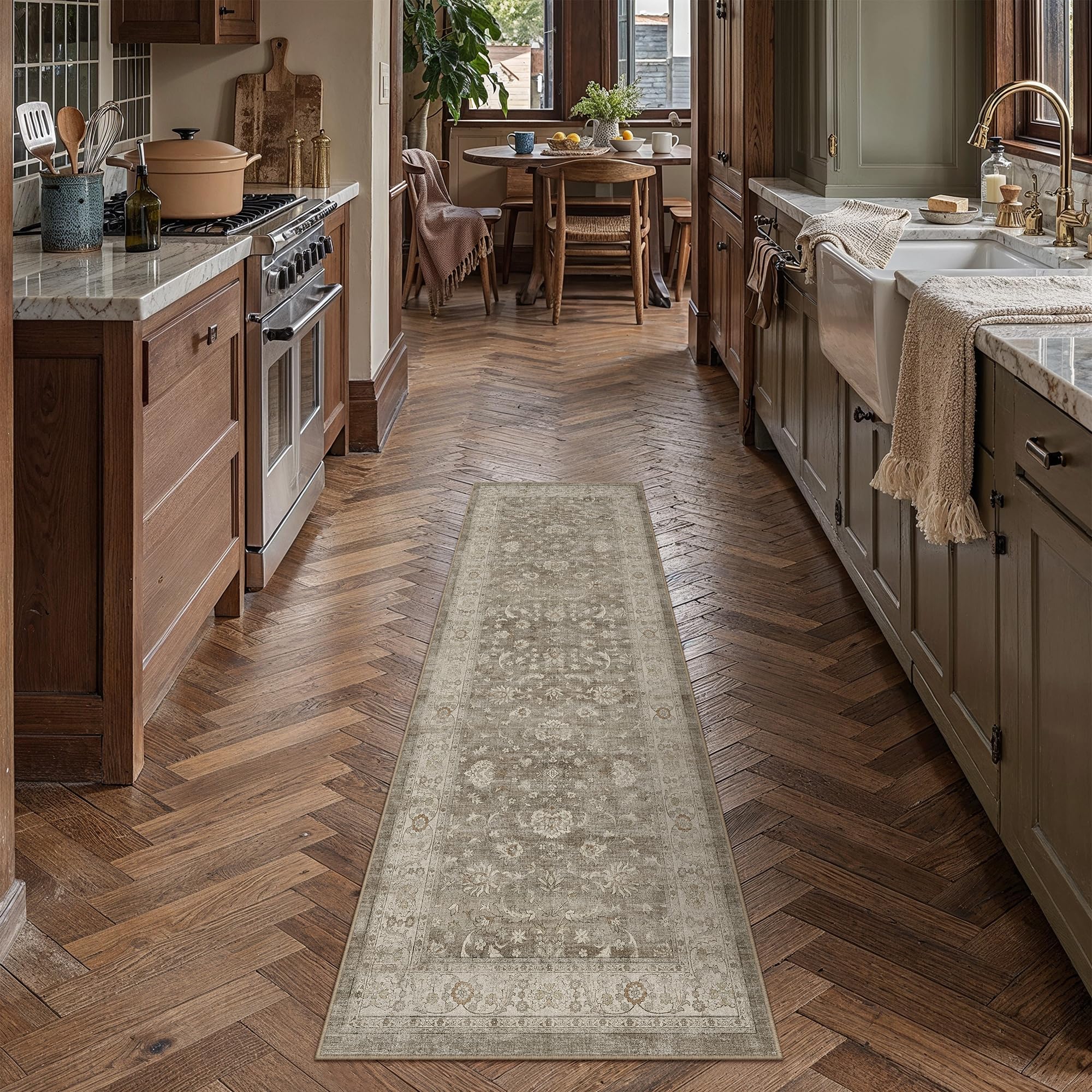 PureCozy Brown Gray Runner Rug 2x6 Vintage Floral Distressed