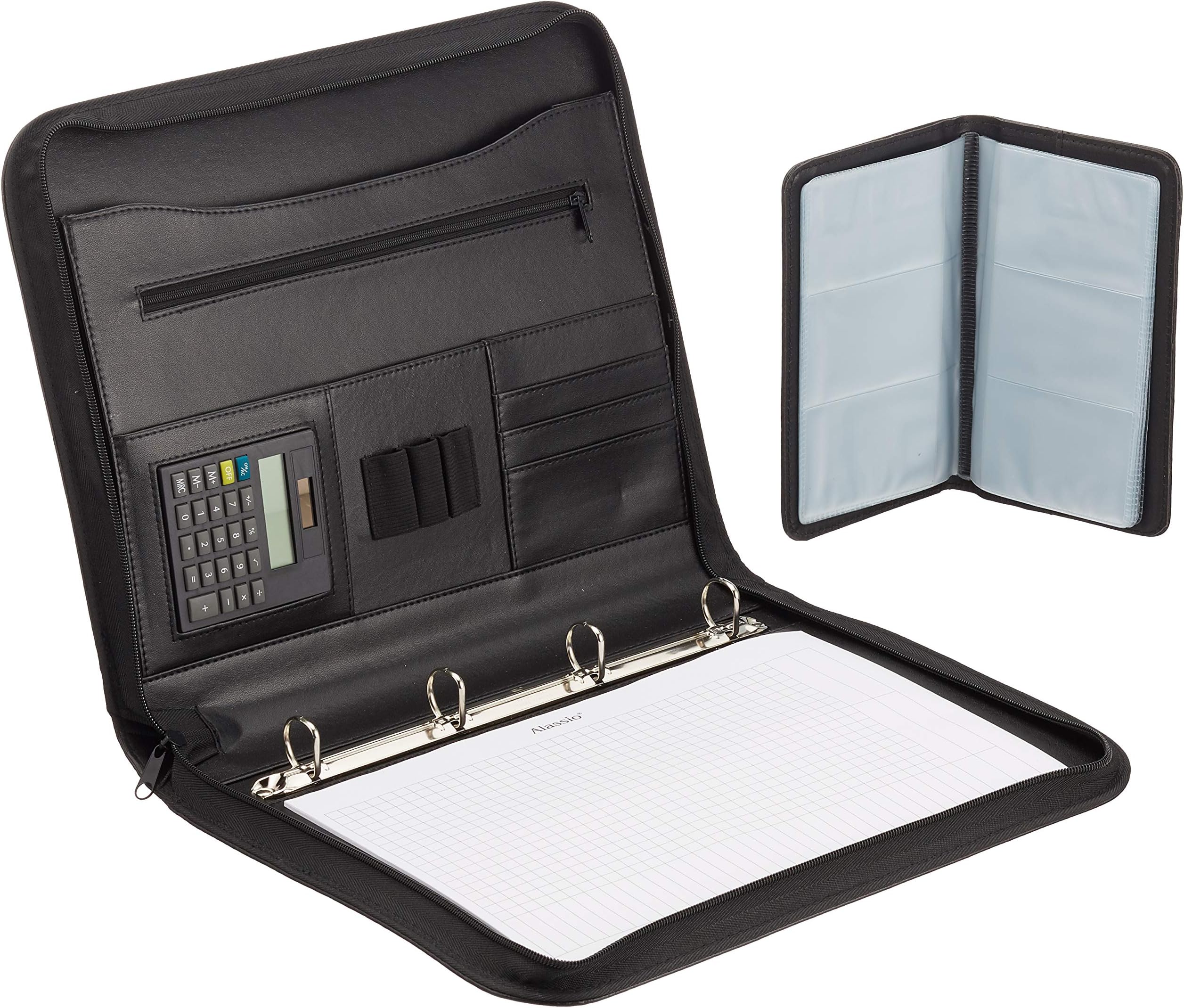 Alassio Monterosso 30143 Ring Binder Folder DIN A4 Format Imitation Leather Document Folder Black Expanding Folder Approx. 36 x 28.5 x 4 cm Folder with Compartment Pocket and Calculator
