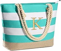 YOOLIFE Personalized Initial Canvas Waterproof Beach Tote Bag - Zippered Large Capacity for Women Travel & Gifts