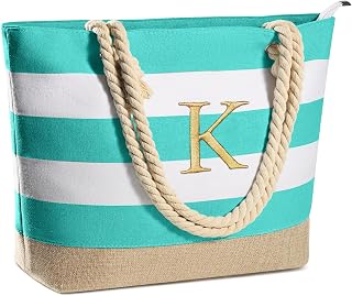 YOOLIFE Personalized Initial Canvas Waterproof Beach Tote Bag - Zippered Large Capacity for Women Travel & Gifts