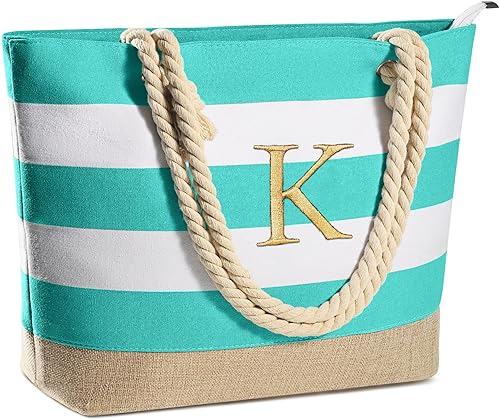 YOOLIFE Bolsa de lona impermeable con inicial, con cremallera, regalos personalizados para mujeres, cumpleaños, viajes, playa, esencial