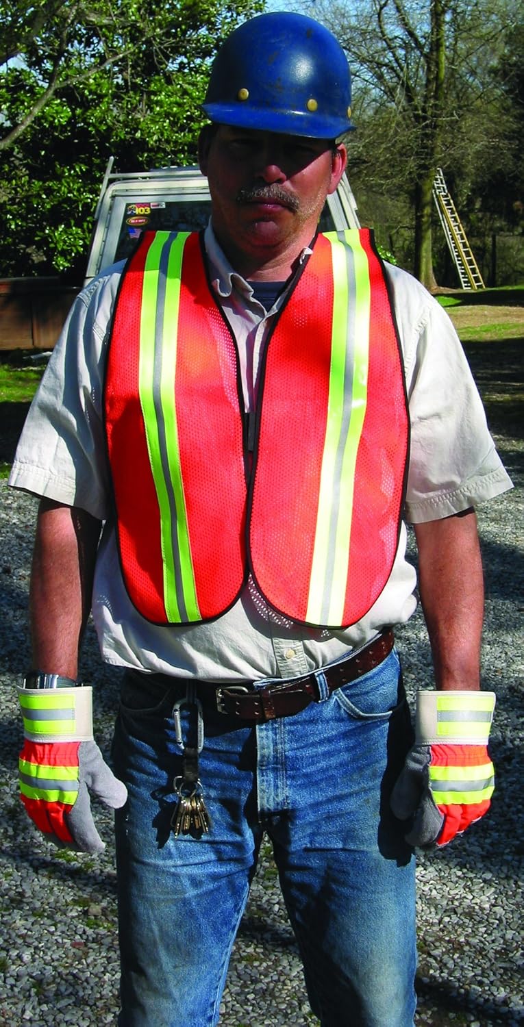 MCR Safety V201R Polyester Mesh General Purpose Safety Vest with 2-Inch Lime/Silver Reflective Stripe, Fluorescent Orange - - 
