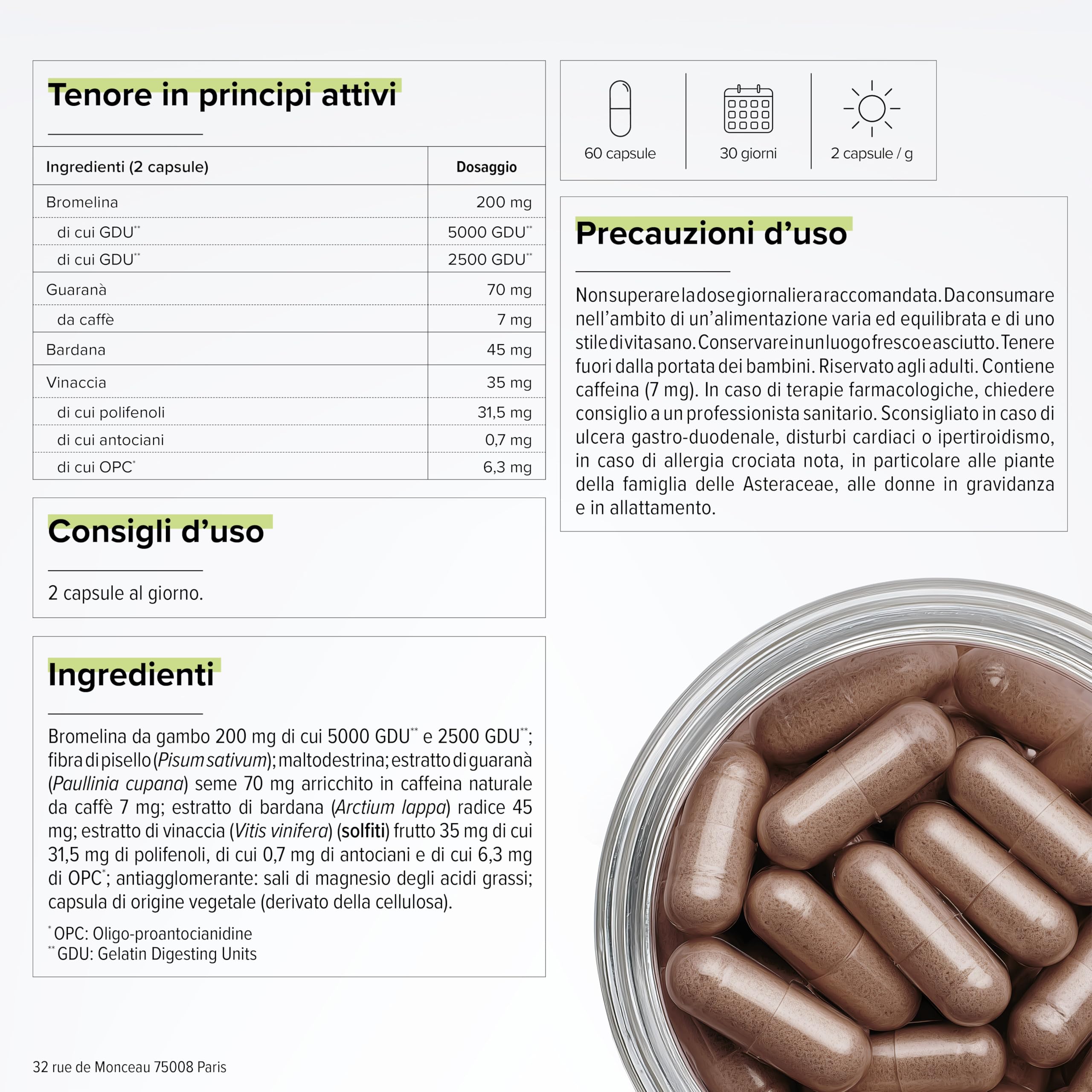 Drenante Forte – Bromelina 5000 GDU/g – Vinacce, Guaranà e Barbané – Drenaggio e Gambe Leggere – Cellulite e Rassodamento – 60 Capsule gastroresistenti – Vegano – Prodotto in Francia – Beyond Elements