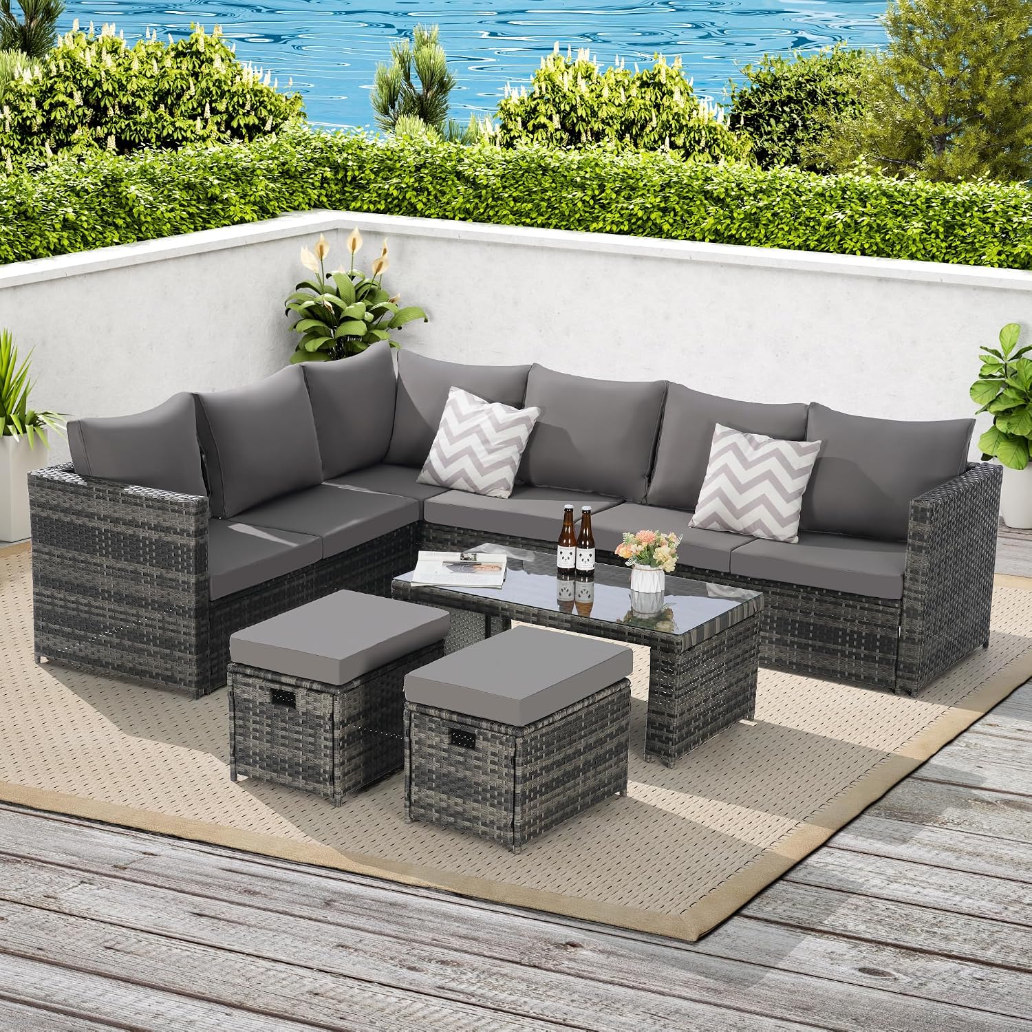6-Piece All-Weather Wicker Patio Furniture Set with Cushions and Glass Table, Outdoor Garden Sofa Conversation Set for Lawn and Backyard