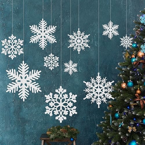 Fovths 48 Pieces Christmas Glitter Snowflake Plastic Ornaments Sets Decorative Hanging Snowflakes in 3 Designs for Christmas Party Decorations, 4 Sizes (2/3/4/5 Inches), White