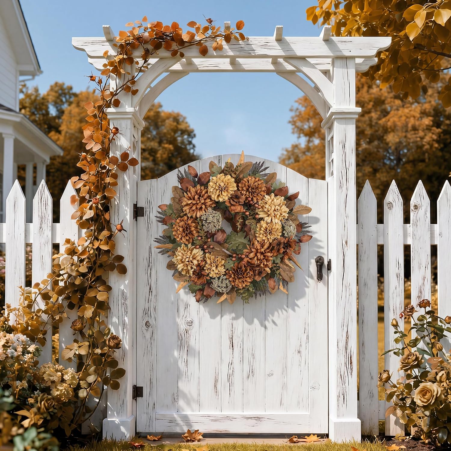 24" Fall Wreaths for Front Door with Mums Dahlias Queen Anne's Lace