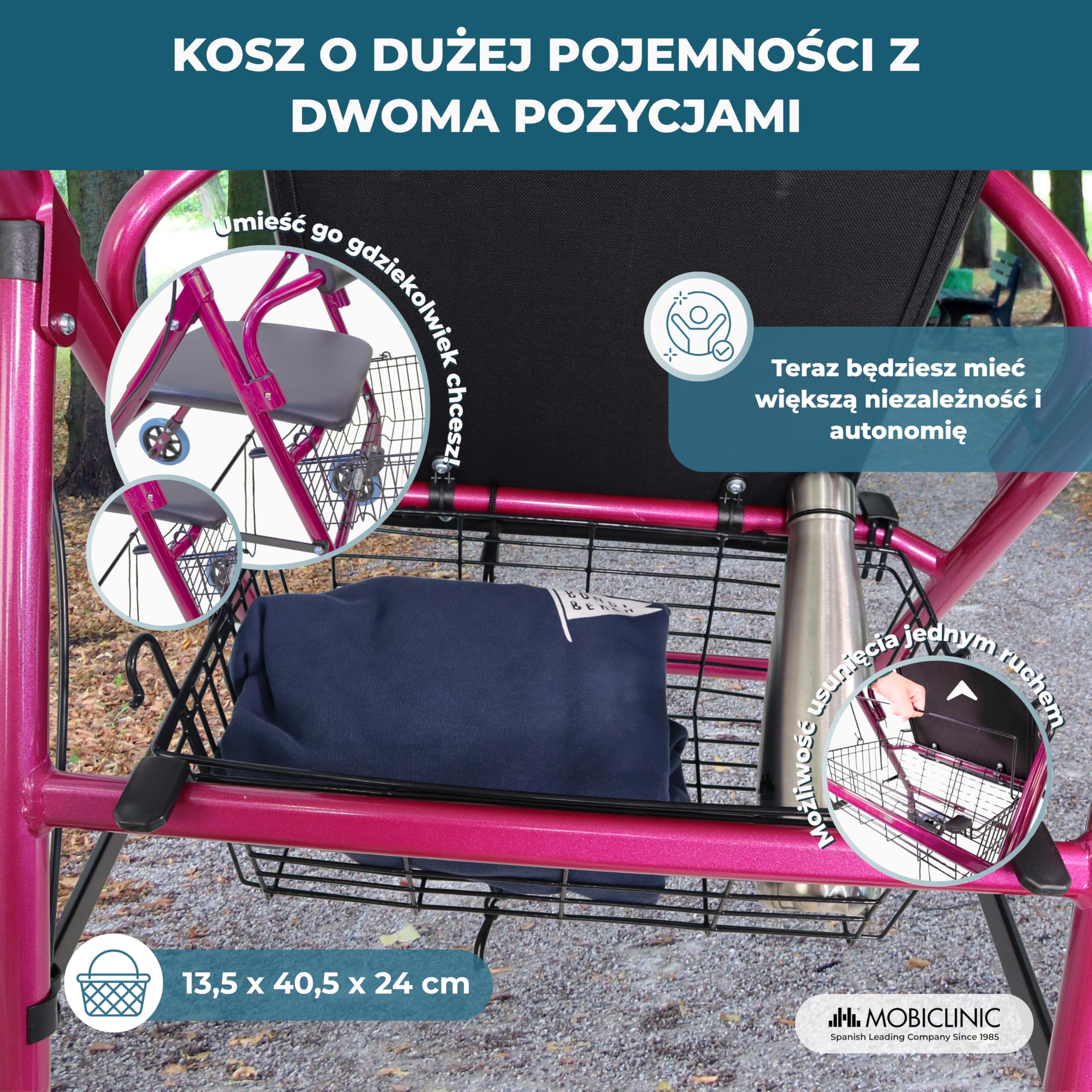 Chodzik | Składany | Aluminium | Hamulce na dźwigniach | Siedzisko i oparcie | 4 koła | Różowy | Escorial | Mobiclinic