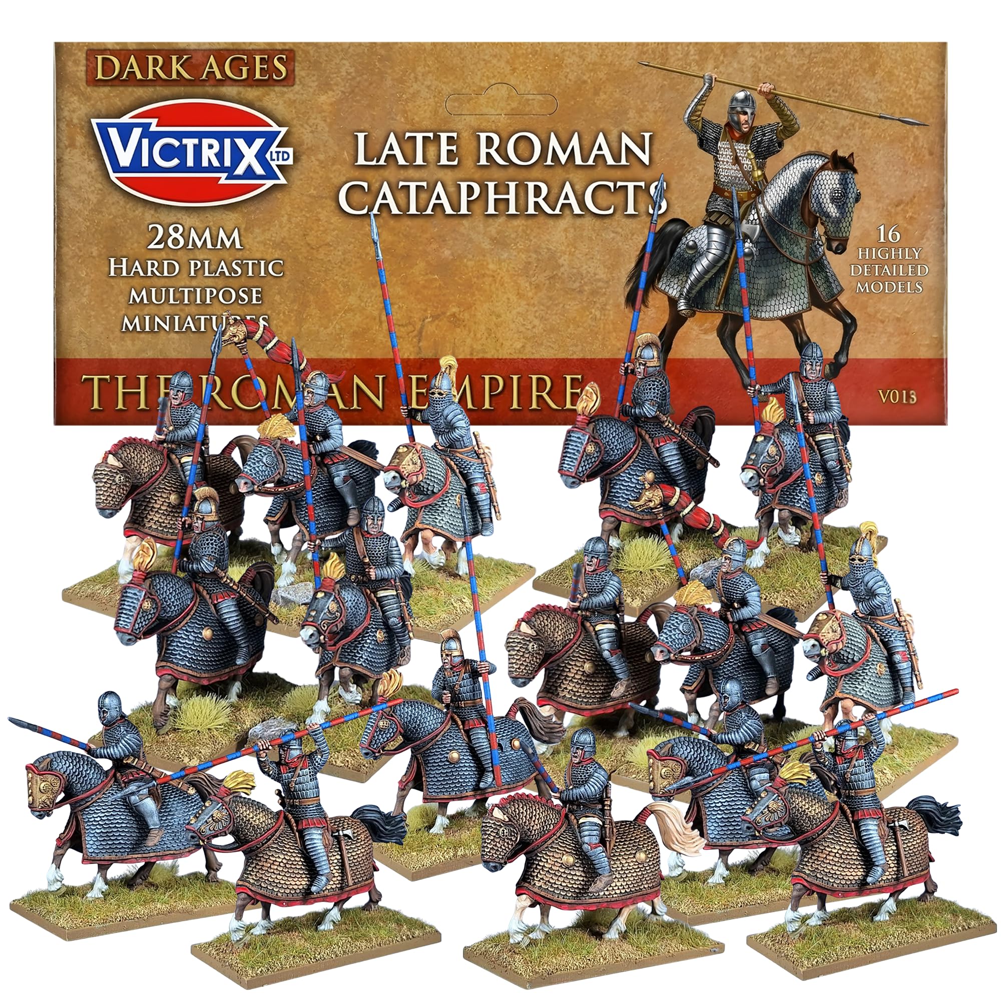Wargames Delivered - Victrix Late Roman Cataphracts with Bonus Miniature STL Download- 16 Detailed 28mm Heavy Cavalry Miniatures, Riders, Armored Horses, Kontos, Swords & Draco Standard for Wargaming