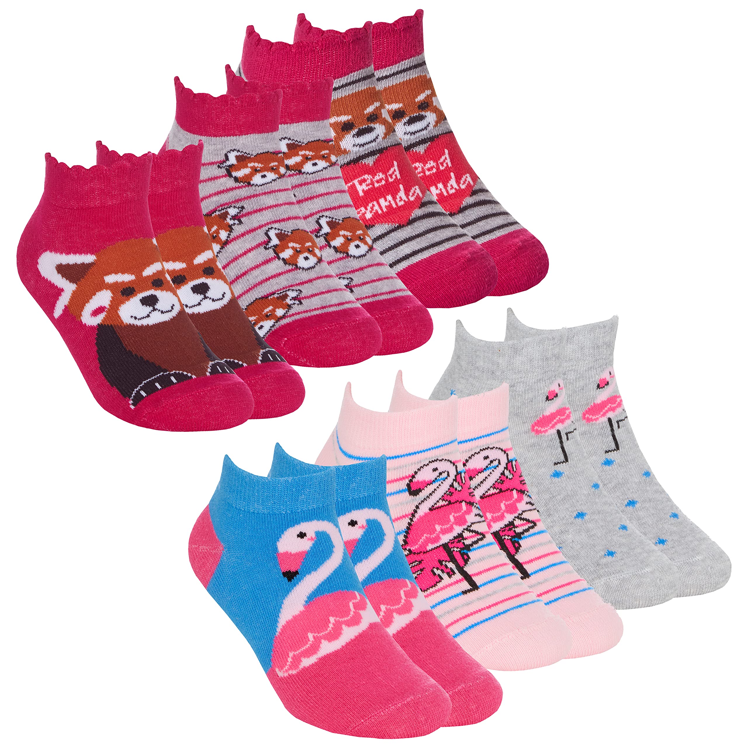 Metzuyan 6 Pairs Kids Girls Novelty Trainer Liner Socks Cotton Rich Low Cut Flamingo Red Panda 12.5-3.5