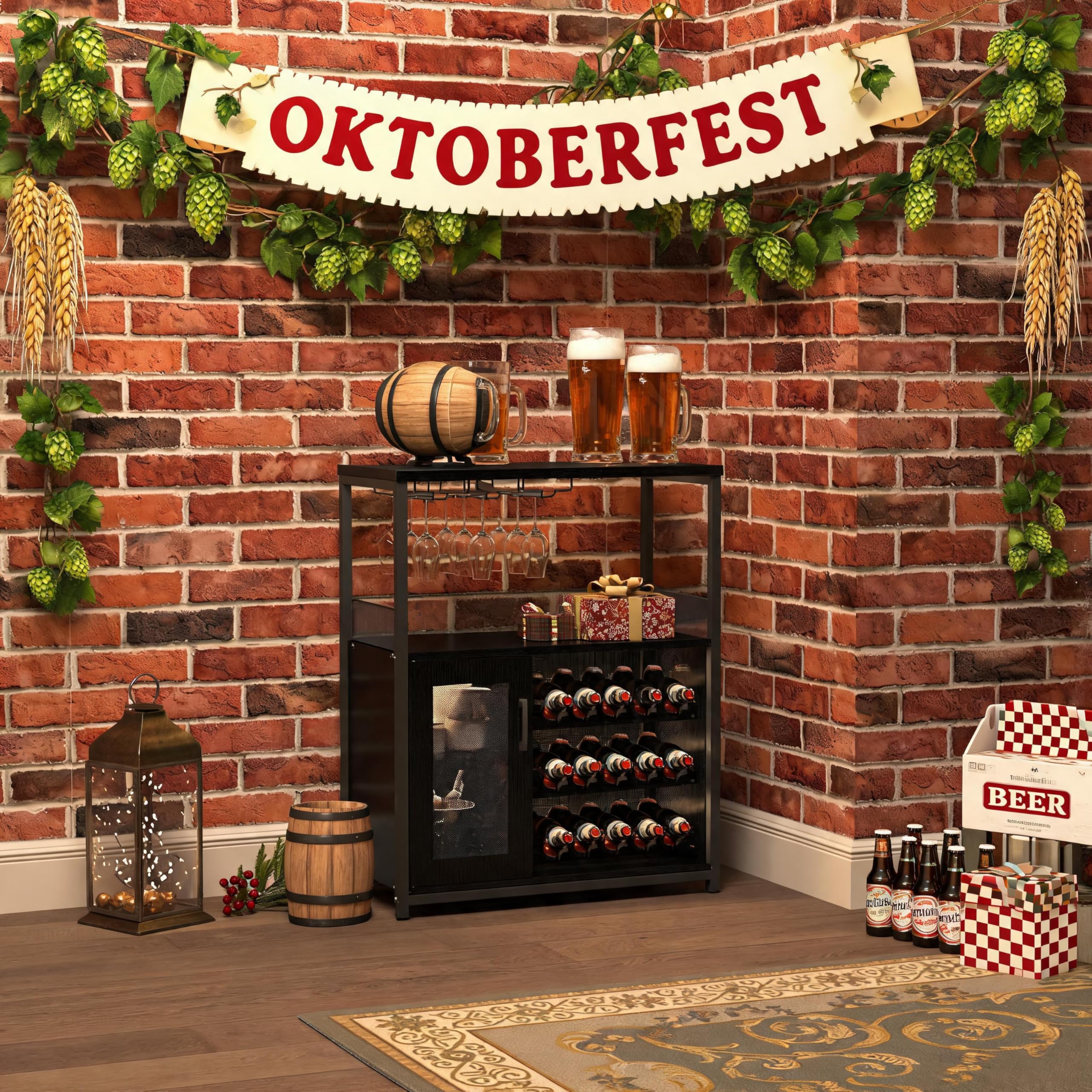 Weinlagerschrank LED Licht, höhenverstellbares Weinregal & Gläserhalter, Getränkeschrank für Küche, Esszimmer oder Wohnzimmer stilvolle Aufbewahrung für Weinflaschen, 70x35x92 cm Schwarz