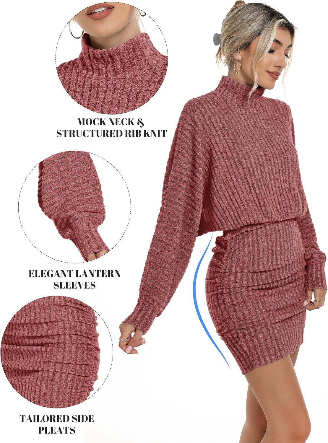 Motarto Women's Bodycon Sweater Dress Long Sleeve Turtleneck Lantern Sleeve Knit Mini Dress Fall Winter Party Casual - Image 2