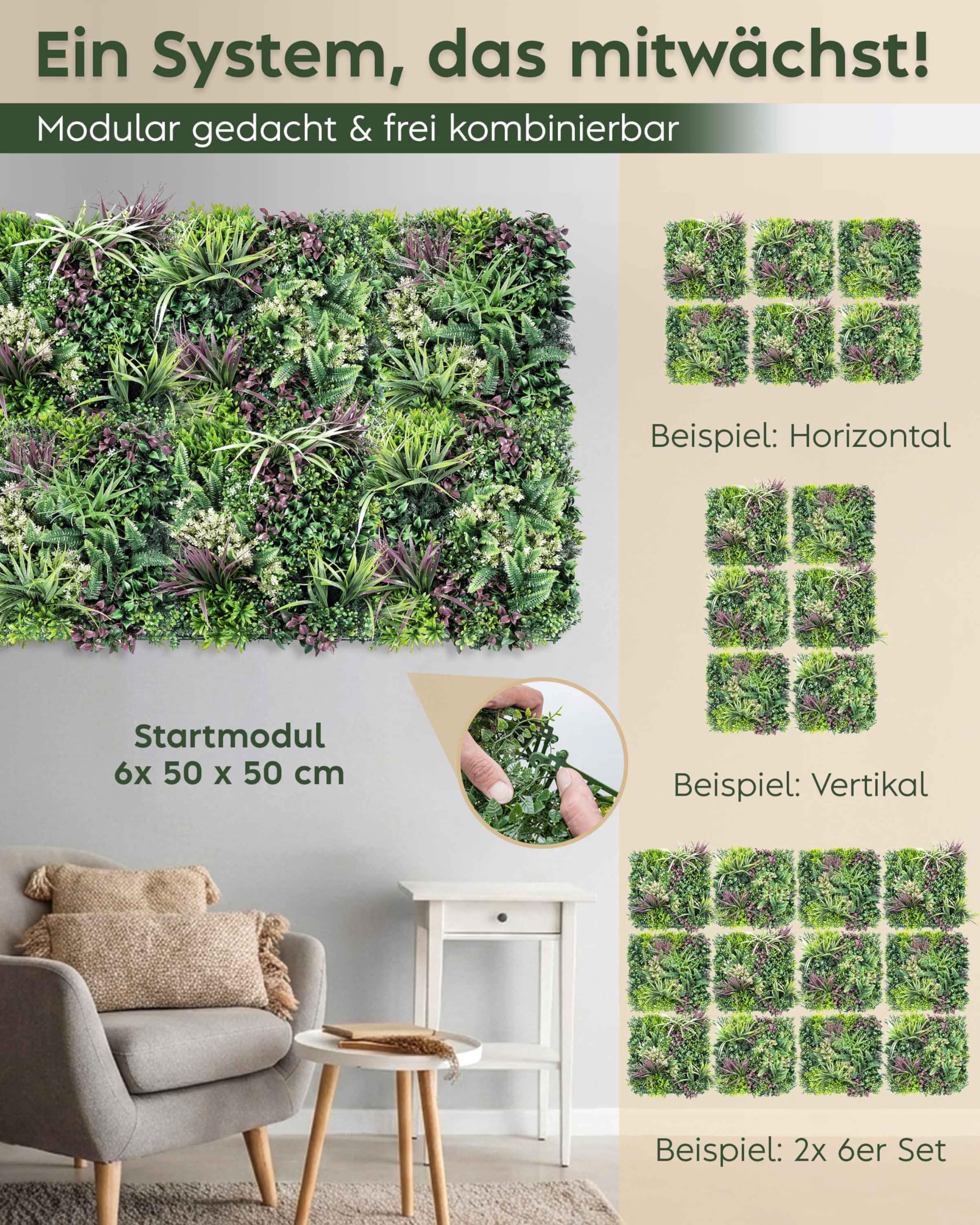 JELLE & JACOB Künstliche Pflanzenwand Indoor & Outdoor, Blumenwand Urban Jungle, 6er Set je 50x50 cm, pflegeleicht & langlebig - für Wohlfühl-Atmosphäre, Kunstpflanzen Wand, Green Wall, Pflanzen Wand