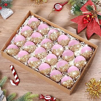 HyDren 24 Pcs 2.5 Inch Glitter Velvet Christmas Balls Ornaments Sequin Shatterproof Christmas Tree Ornaments Pearl Balls for Xmas Holiday Party Decoration (Pink)