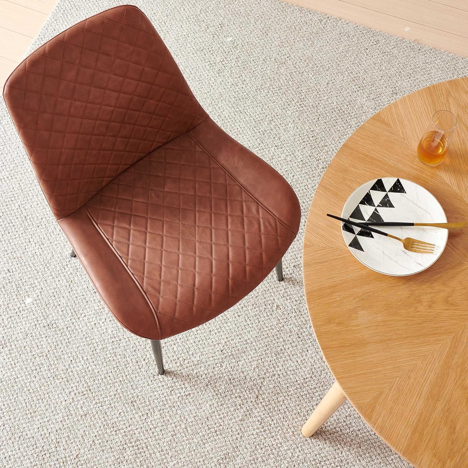 Modern Dining Room Chairs Set of 4, Mid Century Leather Kitchen Dining Accent Chairs Upholstered Soft Restaurant Receptions Chairs Curved Backrest with Metal Legs, Brown