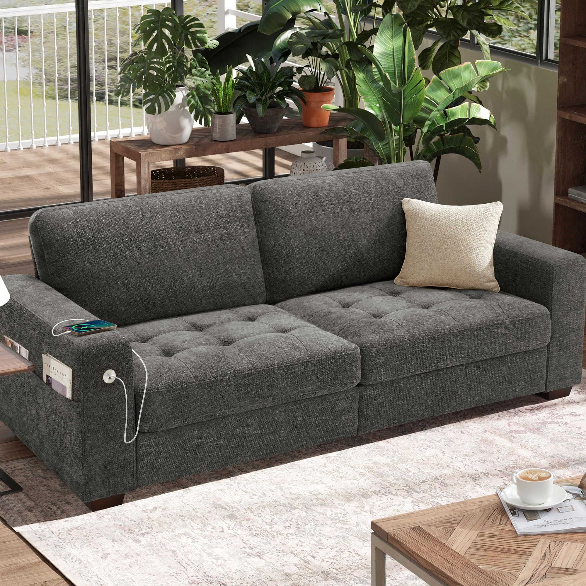 Hanherry 89" Sofa for Living Room, Modern Comfy Couch with Medium Firm Seat Cushion, Removable Cover,Wide Armrest,USB/Type-C Port,Chenille Fabric