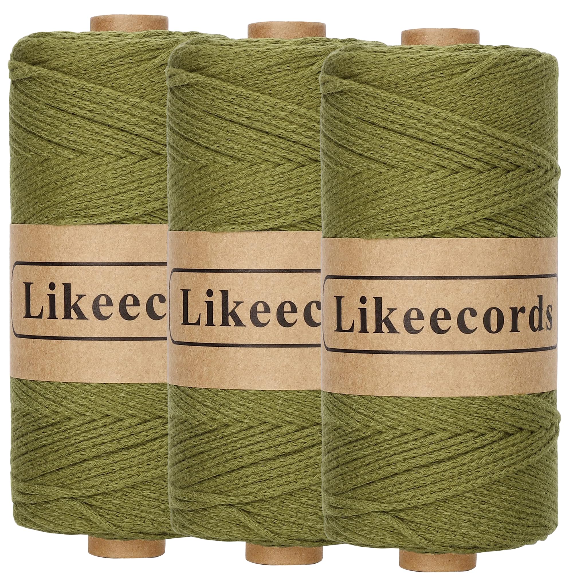 Likeecords 100% Cotton Crochet Yarn for Bag,3 Rolls/Pack 2mm x 510m,Macrame Cord,Chunky Yarn for Crocheting Handbag, Purse,Blankets Crafts Projects (Military Green)