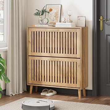 Shoe Storage Cabinet with Louvered 2 Flip Drawers, Narrow Shoe Cabinet Storage for Entryway, Freestanding Shoe Organizer Cabinet with Golden Handles, Slim Shoe Rack Cabinet 31.5inNatural Wood