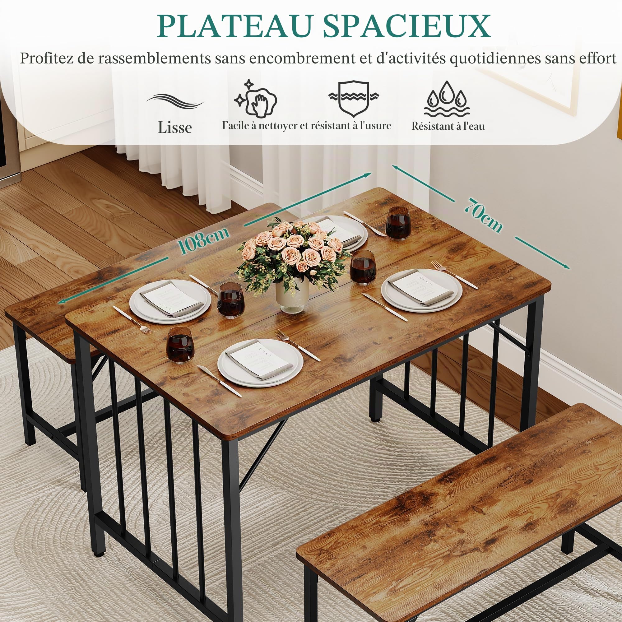 YITAHOME Ensemble Table de Salle à Manger et 2 chaises, Ensemble de Salle à Manger 3 pièces avec Banc, Peu encombrant, Table à Manger pour Cuisine, Appartement, Marron Rustique