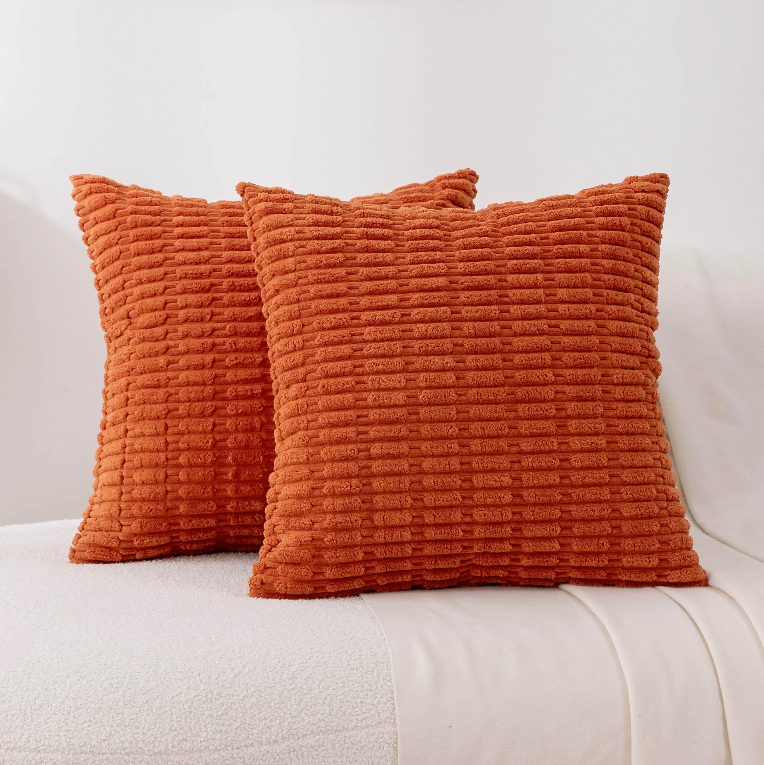 Demetex Orange Cushion Covers 45cm x 45cm Modern Corduroy Plush Cushion Covers Square Solid Plaid Cushion Cases for Thanksgiving Party Birthday Decorations, Set of 2, 45x45 cm, Orange