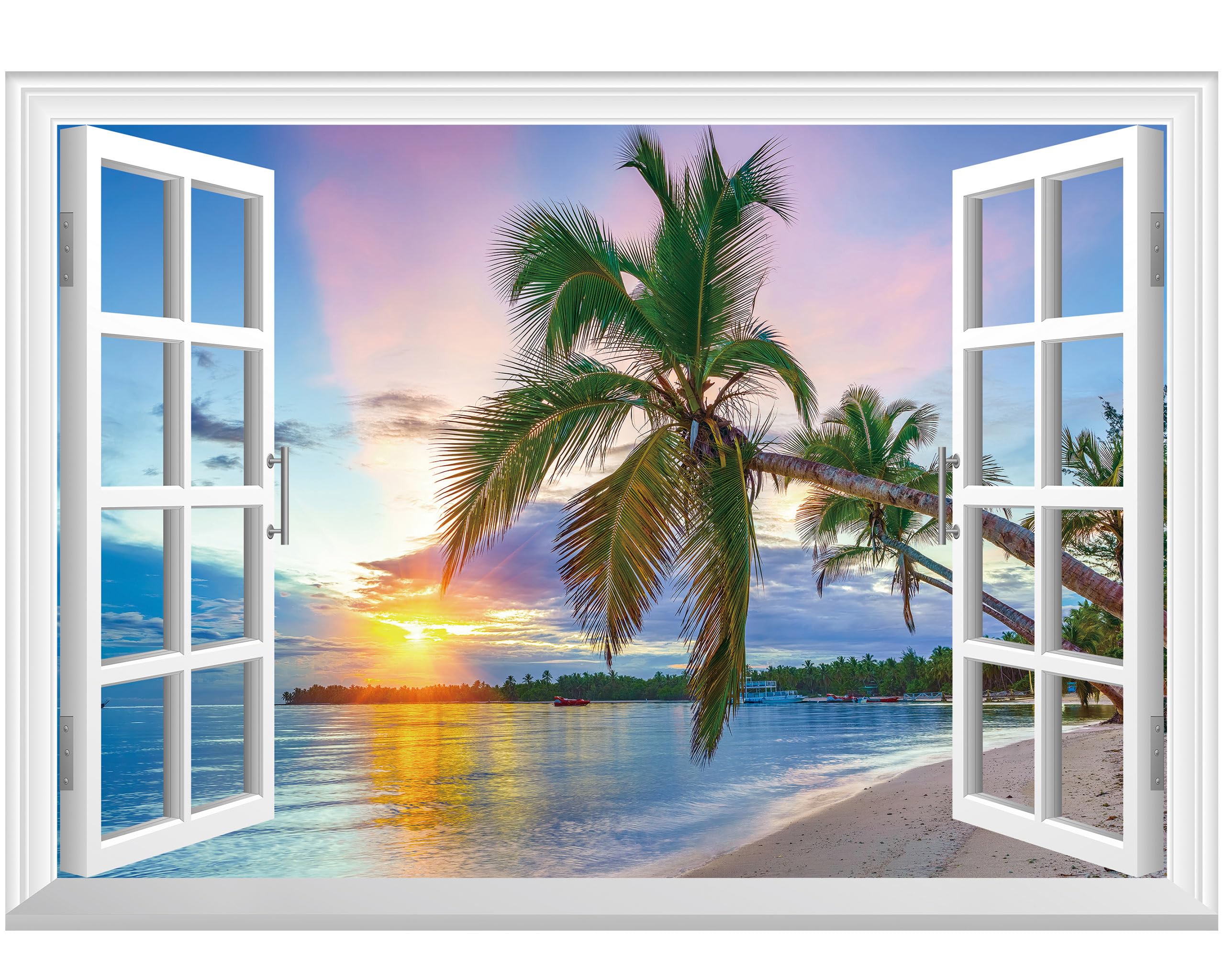 FLFK Fake Window Wall Sticker - Sunrise Over the Sea Faux Window Wall Mural for Wall Decor, Stick and Peel Wall Decals,24"x16" โ image 1