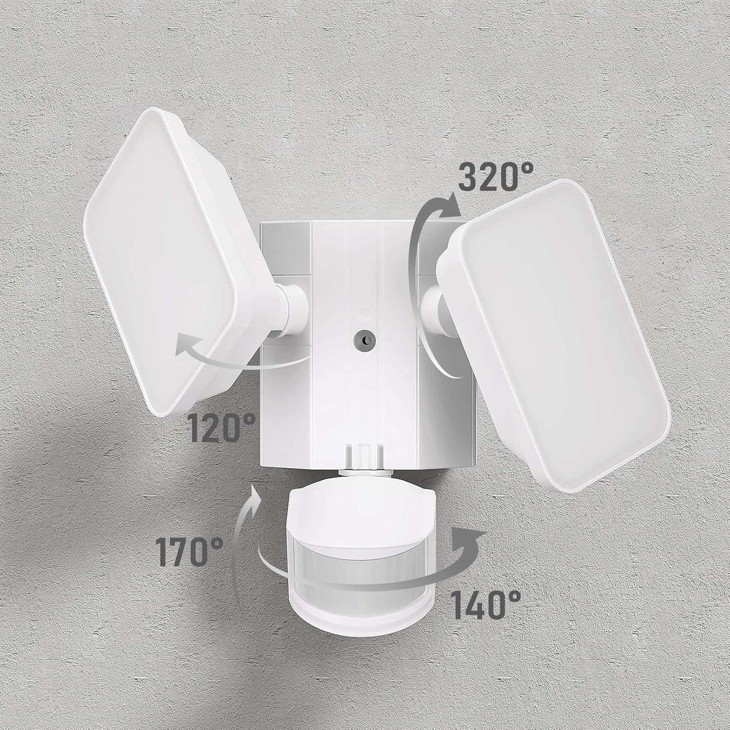 Diagram illustrating the 150-degree detection angle and 45ft detection range of the LEONLITE security light, with selectable activation durations.