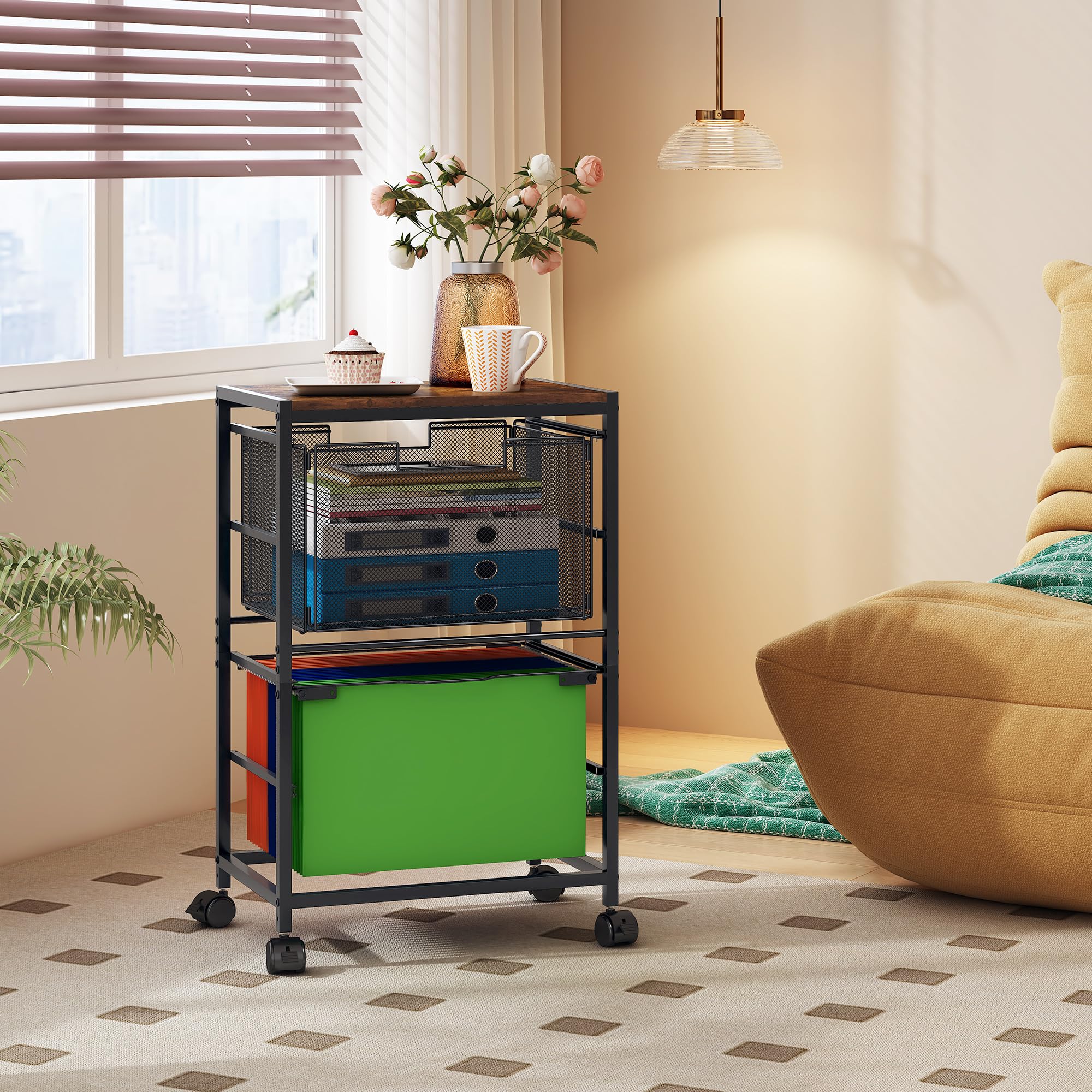 Carrello per schedario con rotelle, sotto la scrivania, con cassetti, schedario su ruote con organizer per cartelle sospese, per casa, ufficio, scuola, nero