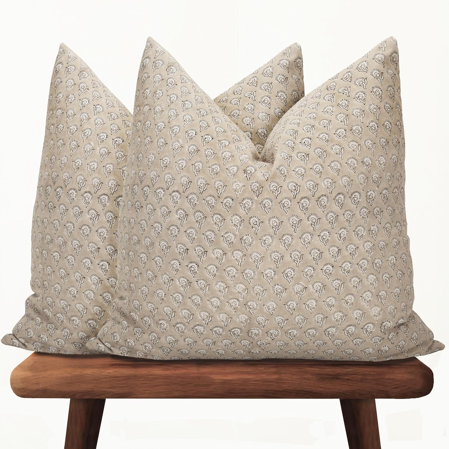 Hand-Block Printed, Artisan-Made Neutral Accent Throw Pillow Covers- 100% Cotton Cushion for Sofa, Bed, Chair, Home Decor, Boho, Indoor - Amelie (Beige_2, 20" x 20" (Pack of 2))