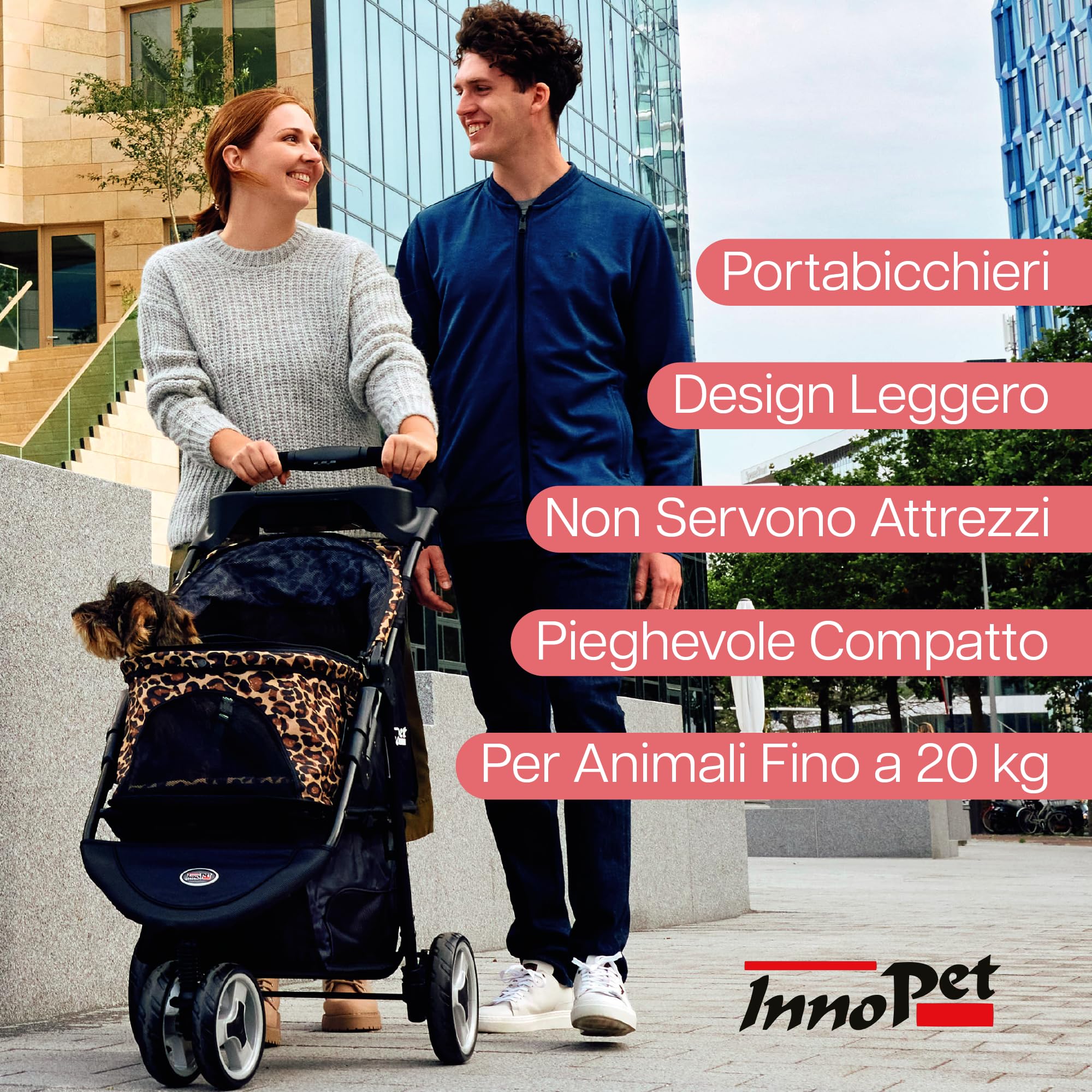 Innopet Buggy Allure Cheetah - Elegante passeggino per cani con stampa leopardata, pieghevole con una sola mano - Ruote antiforatura - Peso massimo 20 kg - carrozzina ideale per gatti