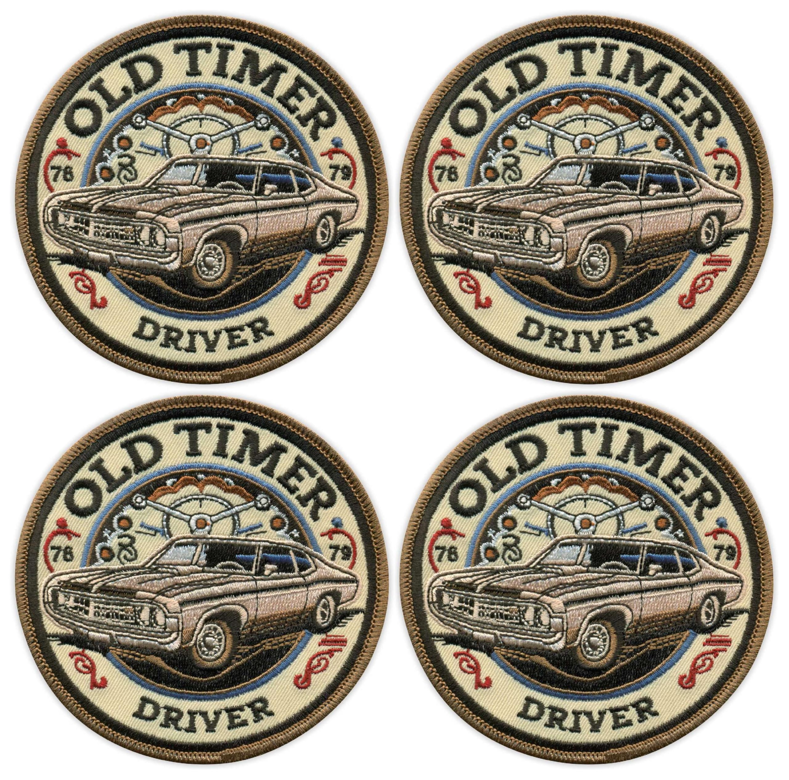 Set di 4 toppe ricamate con scritta "Old Timer Driver" anni '70, termoadesivo/termoadesivo