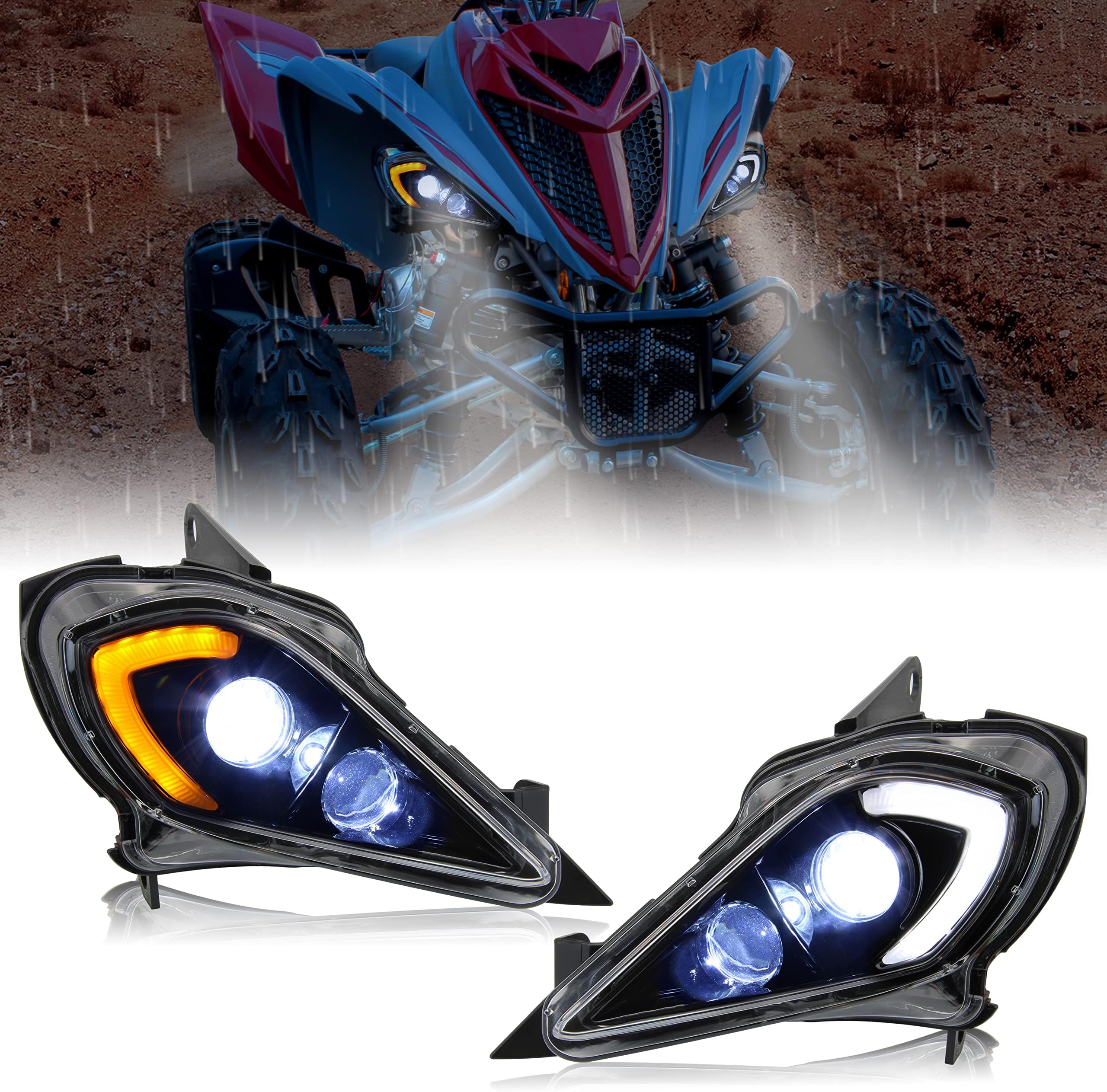 SAUTVS LED Headlights High Low Beam Head Lights Front Lamps DRL Turn Signal Light for Yamaha YFZ 450 YFZ450R YFZ450X Wolverine 450 350 Raptor 250 350 Raptor 700 2006-2022 Accessories (2PCS)