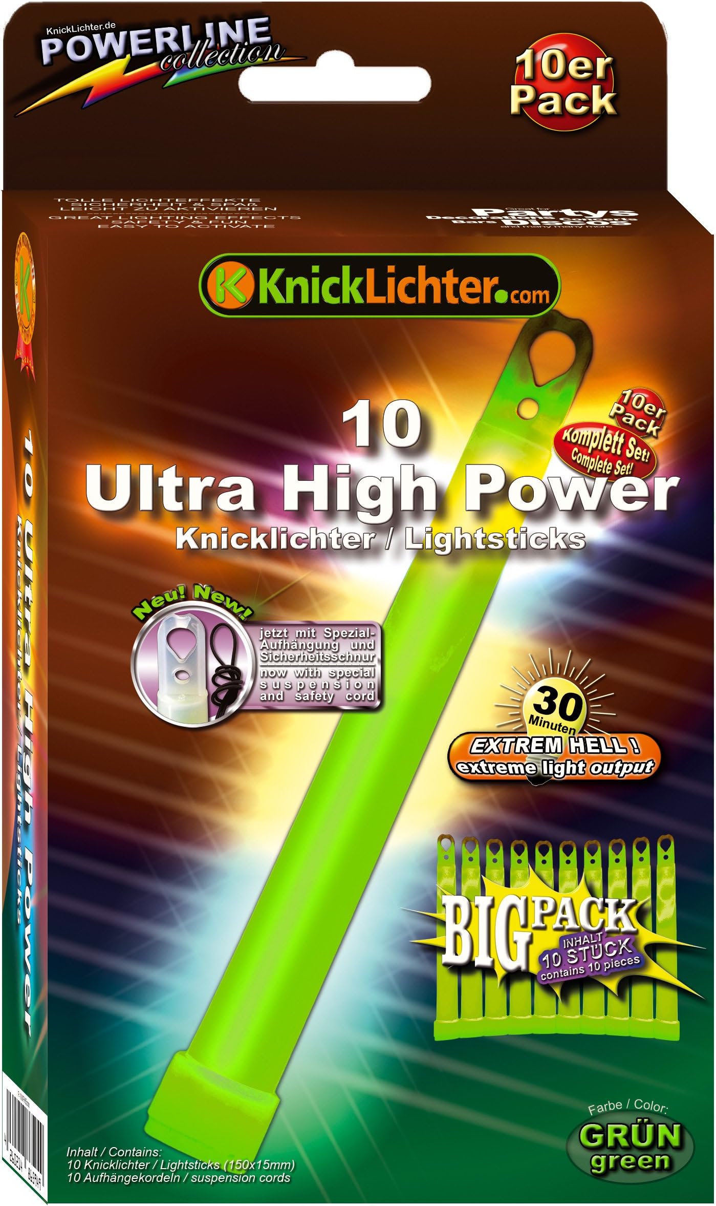 10 green flexible luminous stick! ULTRA HIGH POWER! Extremely bright. Extra thick. 150 x 15 mm. Very economical packs. Latest generation. Produced under its own seal.