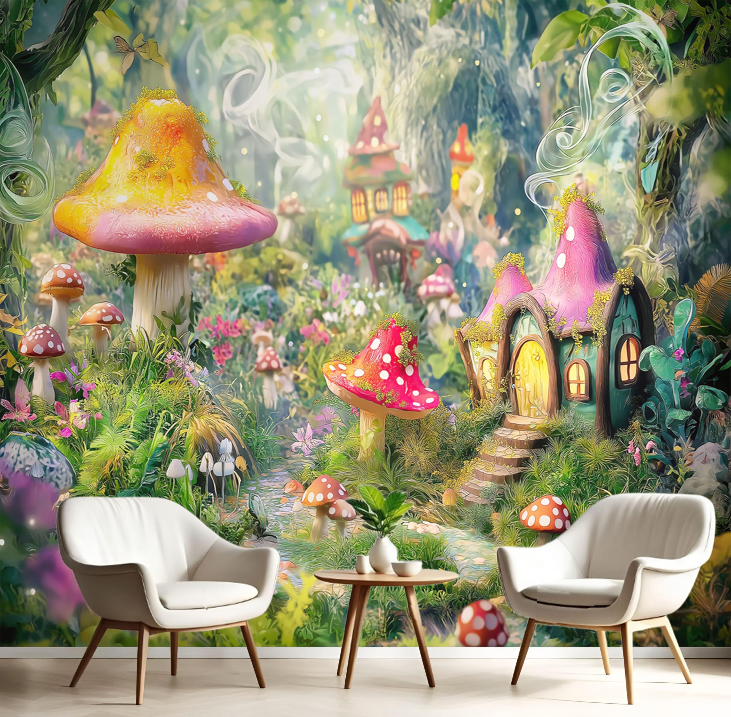Papier peint panoramique maison champignon mural vert sauge