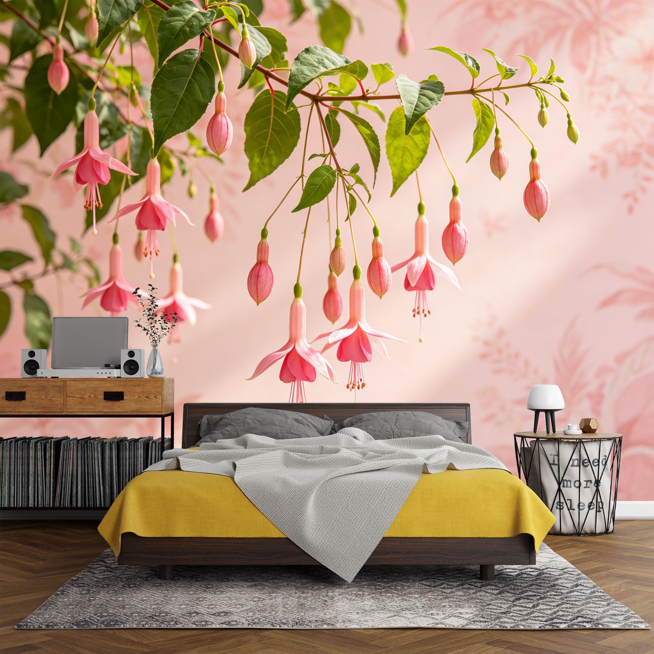 Custom Size Wall Mural， Botanical Pink Fuchsia Blossom Floral Branch Watercolor，SelfAdhesive Art Prints wall Fabric (No PVC) Removable Wallpaper Living Room Decor