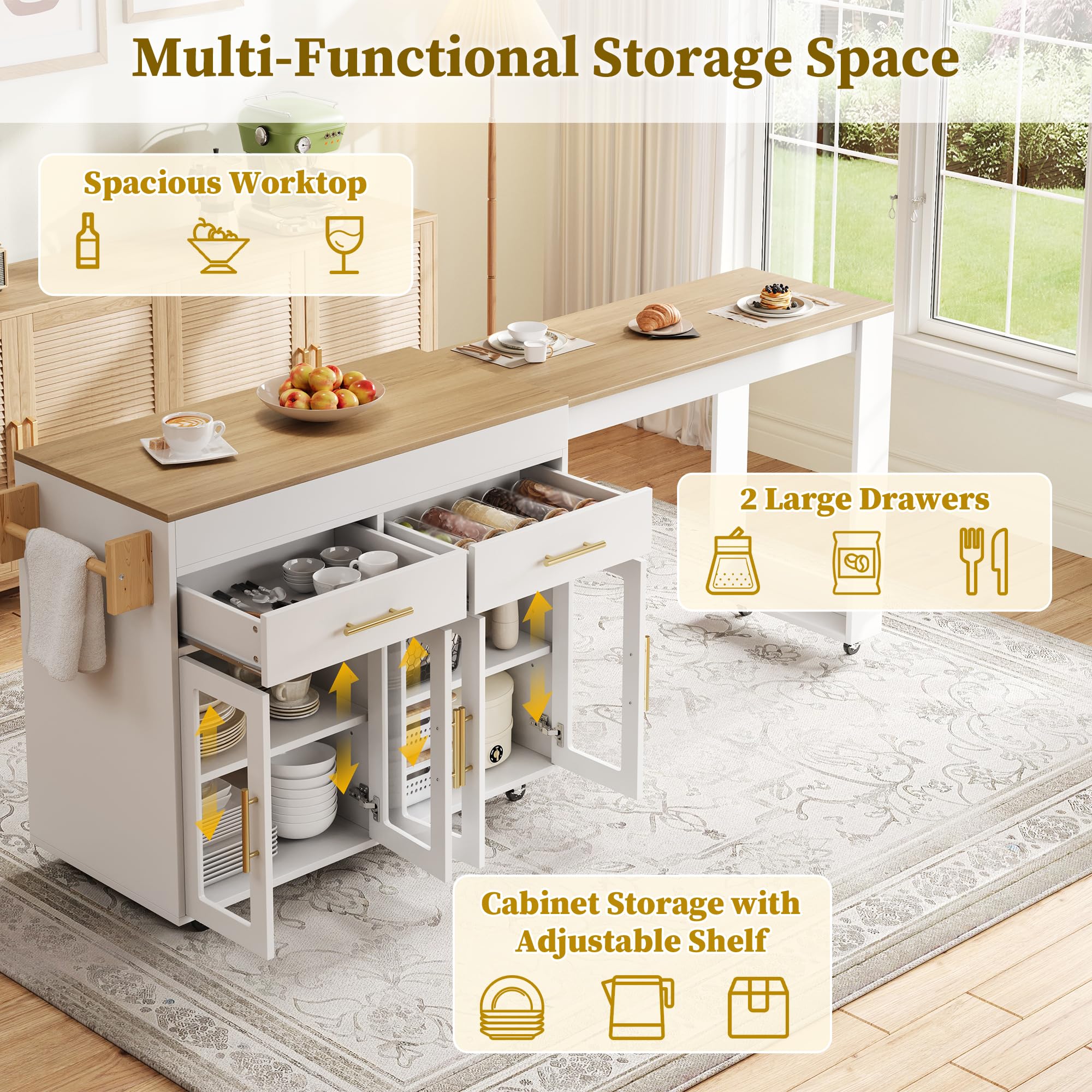 SUKY Isola da cucina mobile con ruote, tavolo da bar allungabile con vano portaoggetti, mobile da cucina con ante in vetro, cassetti e ripiano, bianco, 132,5-217 x 50 x 93 cm