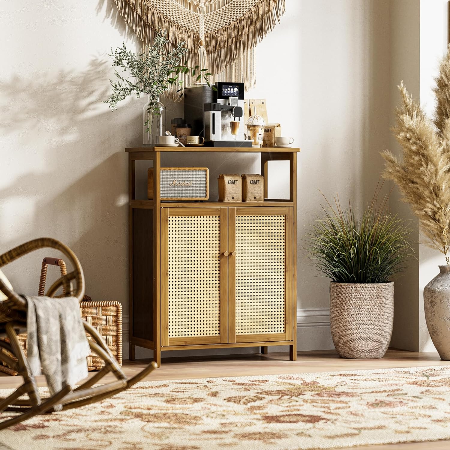 HITNET Rattan Bathroom Floor Cabinet, Freestanding Bamboo Storage Cupboard with 2 Doors, Living Room Sideboard, Space Saving, Walnut