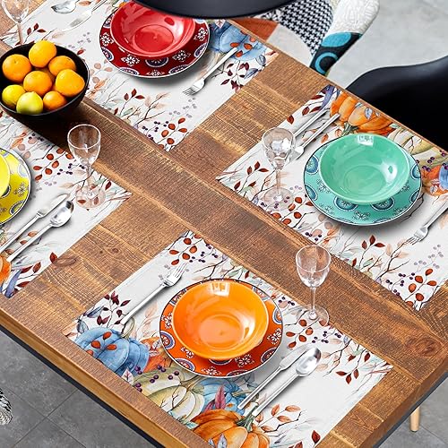 Miniatura 8 de Juego de 4 manteles individuales de hojas de eucalipto, manteles individuales rústicos vintage de 12 x 18 pulgadas, manteles individuales de hojas