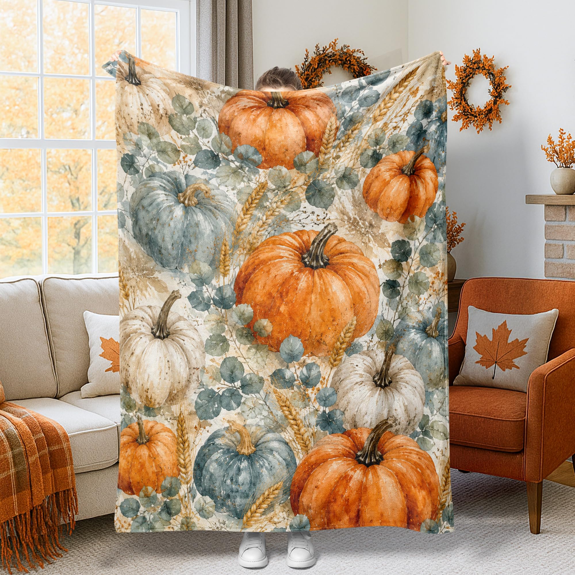 Couverture en flanelle haut de gamme au motif eucalyptus et citrouilles orange 152x203cm
