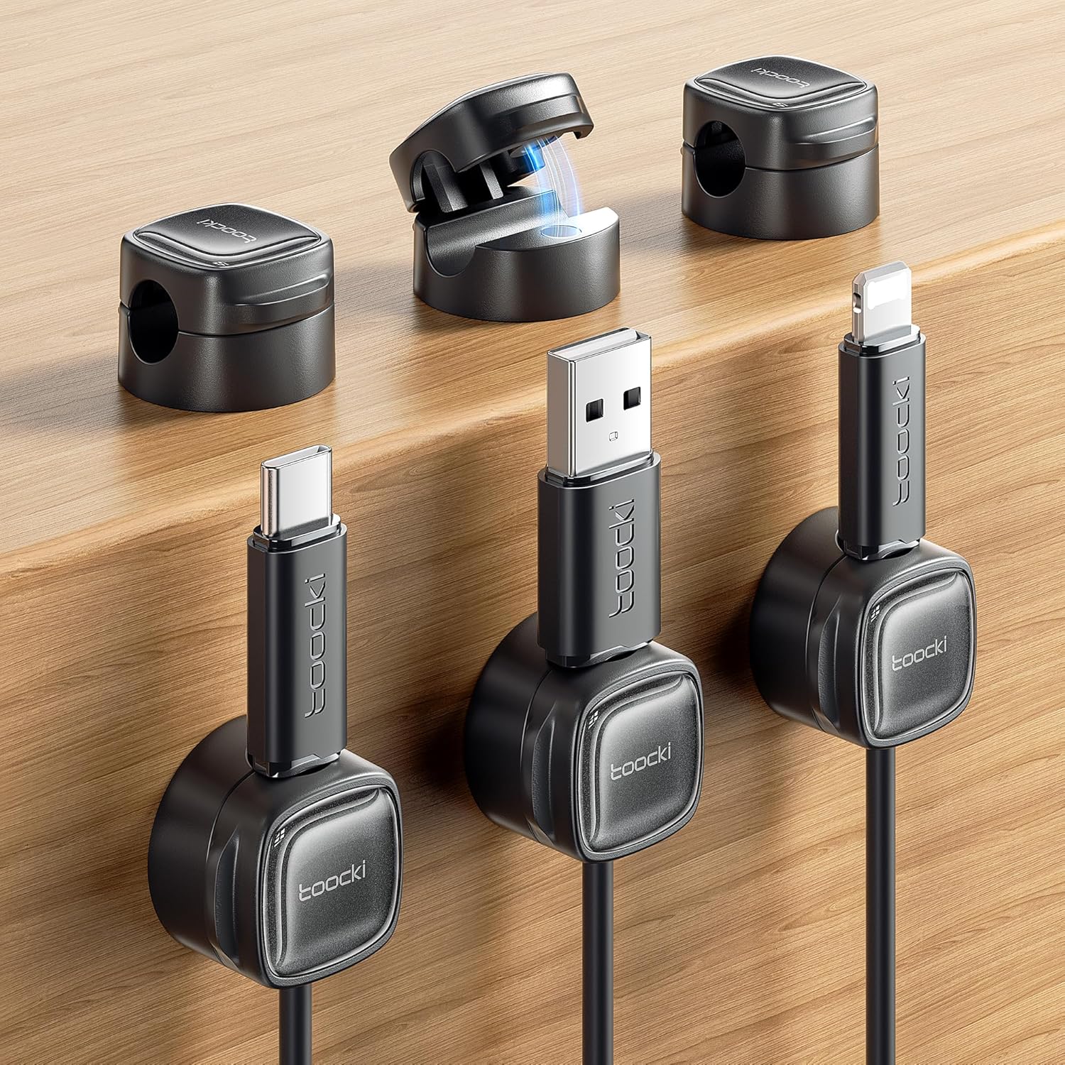 Toocki 6 Pack Magnetic Cable Clips, Black | Cord Organizer & Holder, Adhesive Cable Management, Wire Holder for USB Charging Cables
