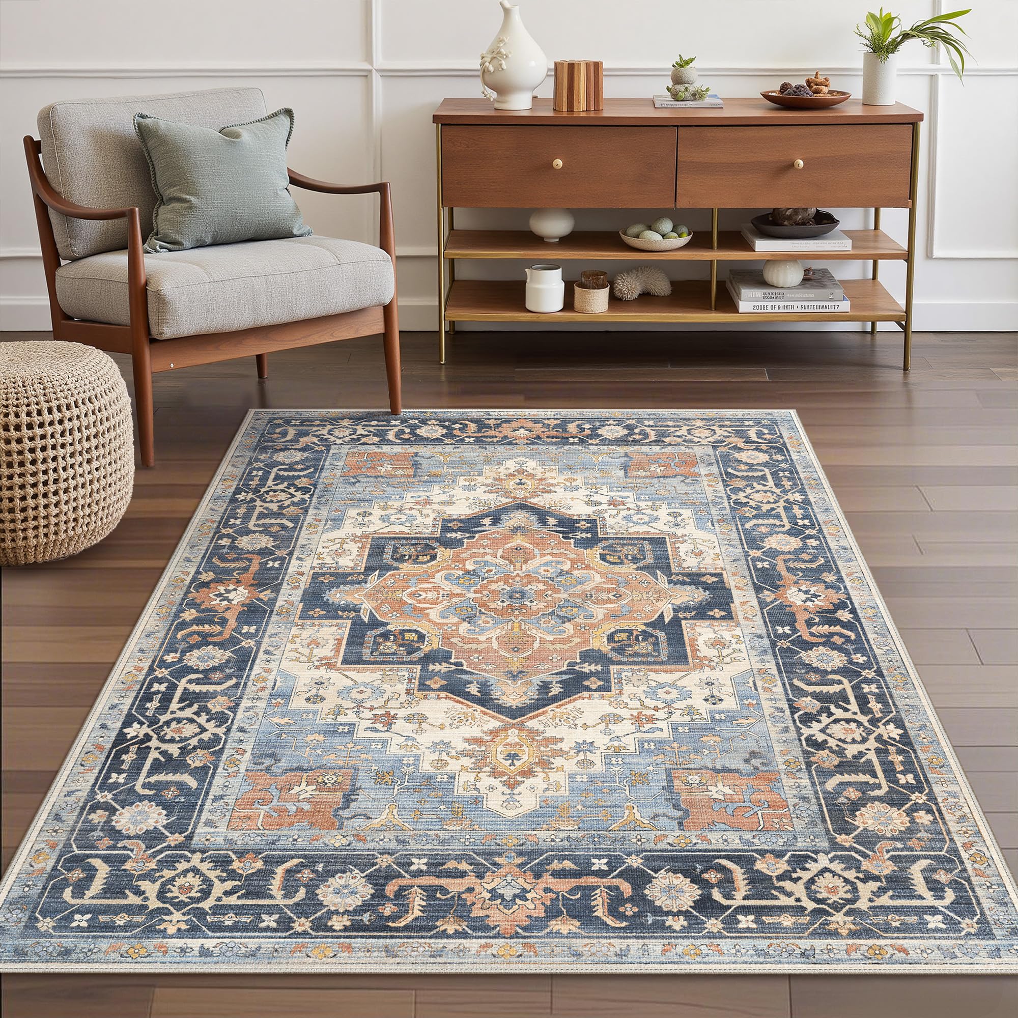 BEIMO Tappeto Salotto Pelo Corto Vintage, Tappeto Camera Da Letto, Tappeti Antiscivolo Lavabile, Grande Tappeti Persiano per Cameretta, Soggiorno, Sala, Scendiletto, Blu, 160x230cm