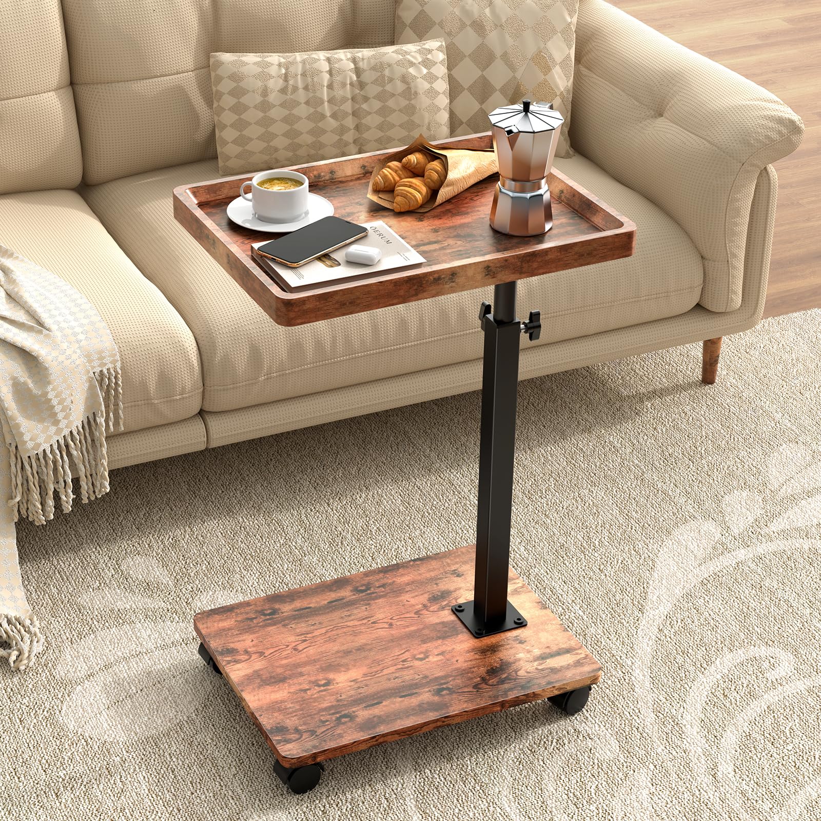 QAUUQQ C Table Side Table Adjustable Height, 360°Swivel TV Tray Table with Wheels, Small Table for Eating, Dinner, C Shaped End Tables Living Room and