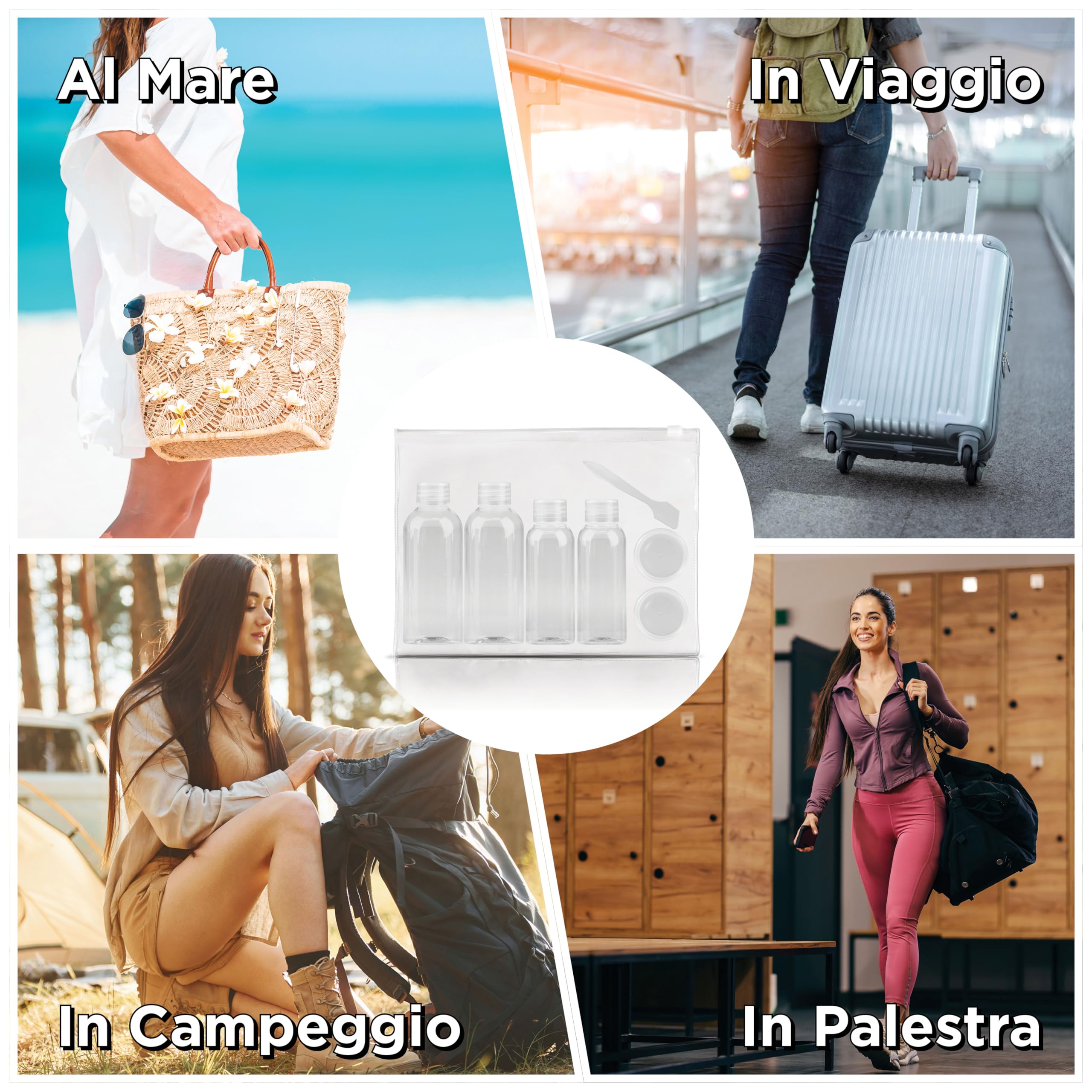 7 PZ Kit Viaggio Liquidi BENESSERE In Linea® - kit Liquidi Aereo - kit viaggio aereo - Travel kit 100 ml - Porta Liquidi da viaggio aereo - 2 flaconi 100 ml + 2 flaconi 50 ml + 2 Porta Crema / Lenti