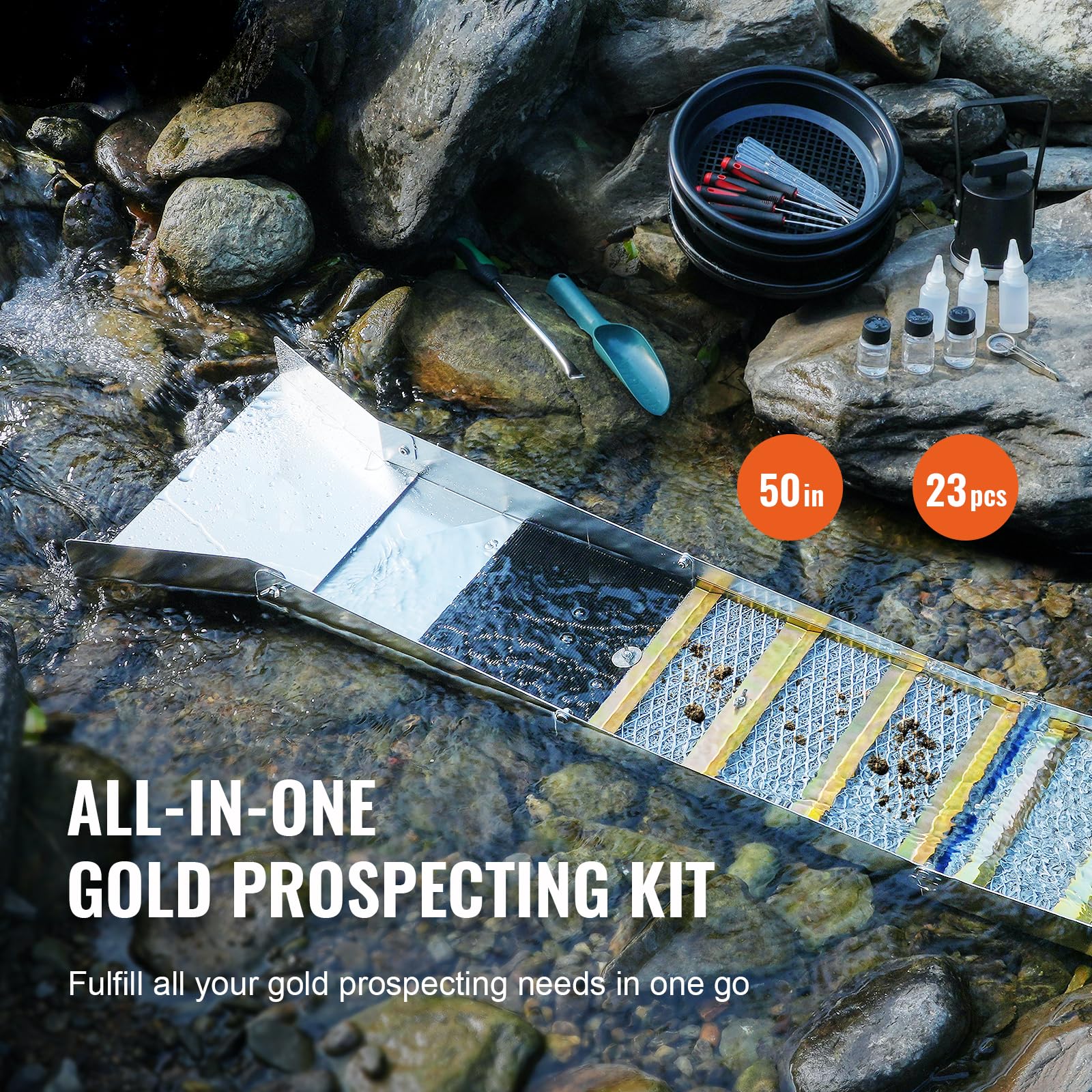 Happybuy 50-Inch Folding Sluice Box Gold Panning Kit, 23-Piece Gold Prospecting Equipment Set with Gold Pan, Classifier Screen, Magnet, Backpack for Outdoor Exploration
