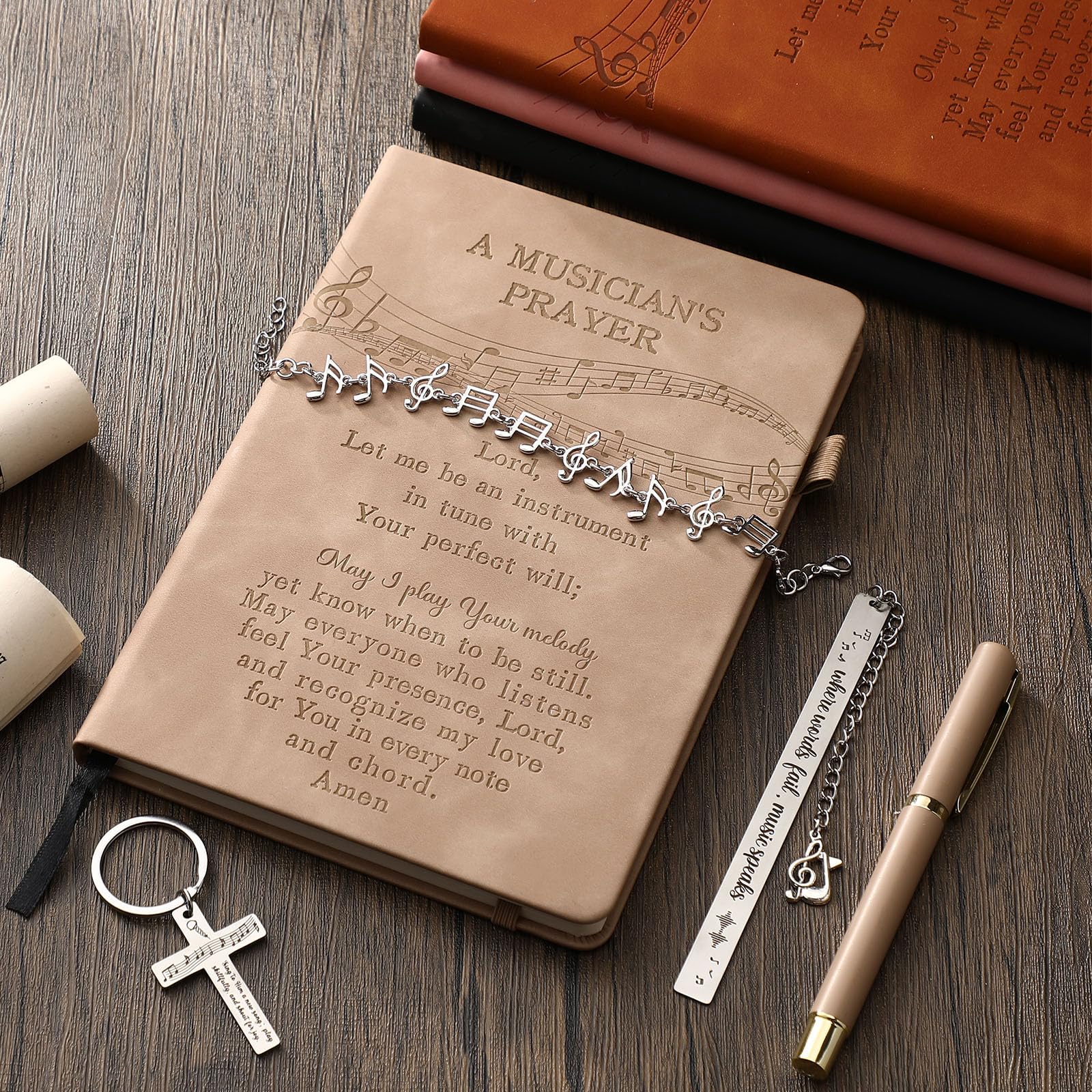 Tisancy 5 Pcs Music Lover Gifts for Women Men Music Teacher Appreciation Gifts Christian Musician Prayer Leather Journal Notebook for Musician Choir Singer Teacher Birthday(Khaki)