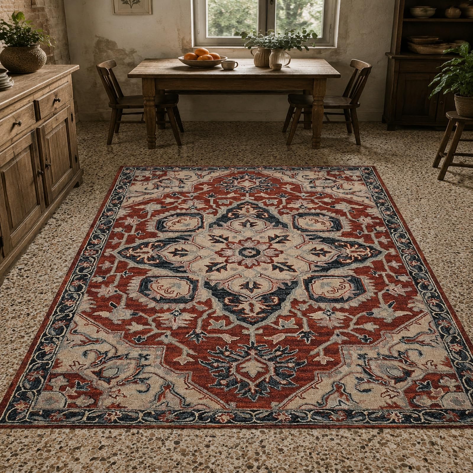 Tapis de terrasse anti-UV et anti-décoloration bleu et rouge géométrique 140 x 180 cm
