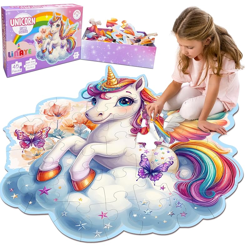 LINAYE Unicorn Puzzle for Kids Ages 4-6, Unicorn Floor Puzzles for Girls 4-6, 48 Pieces Large Puzzles for Toddlers Kids, Christmas Birthday Gifts Toys for 3 4 5 6 7 8 Year Old Girls