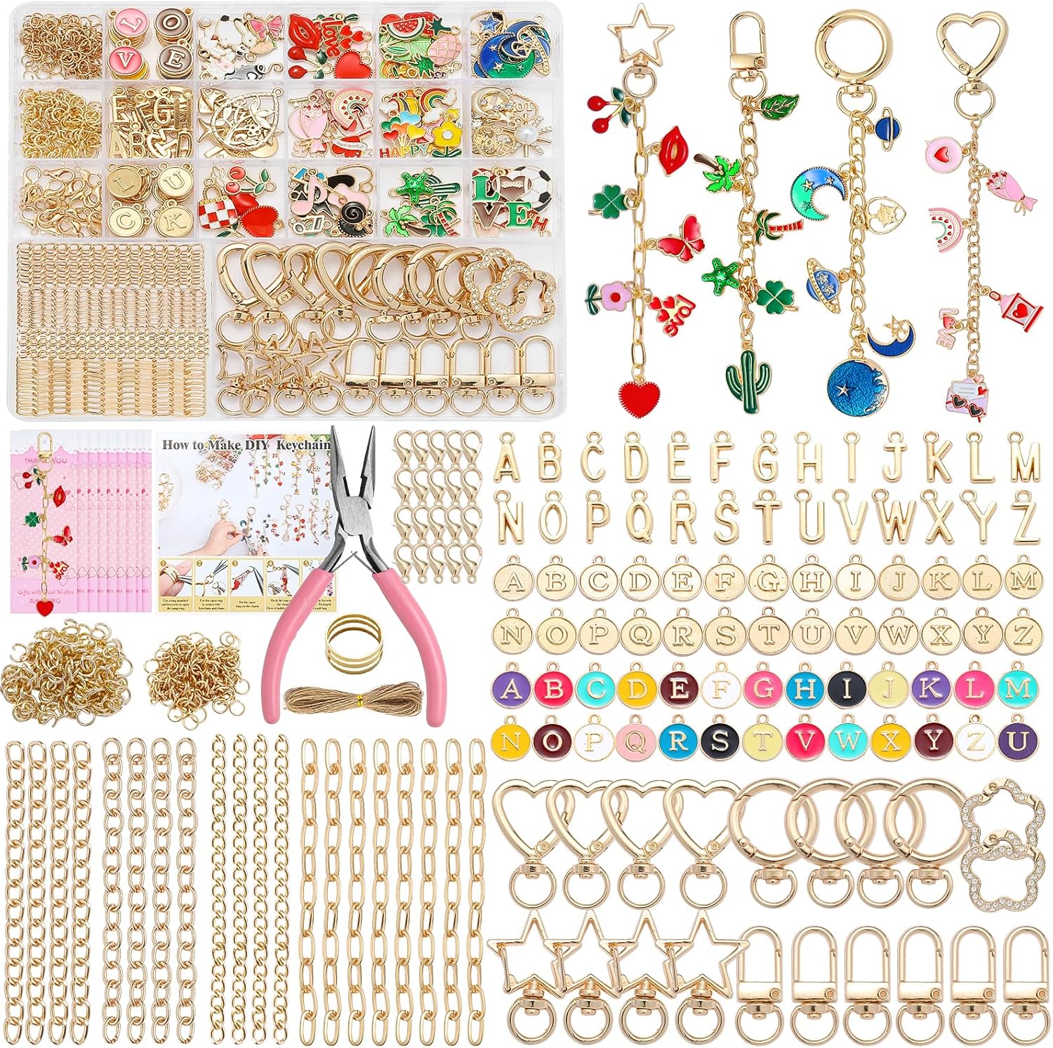Riwiuue 668 Pcs Lip Gloss Keychain Making Kit, DIY Charms Key Chain Kit with Charm, Pendant, Jump Ring, Crab Clip, Pliers, Gift Bag and Tools for Parent-Child Games, Party, Valentine’s Day