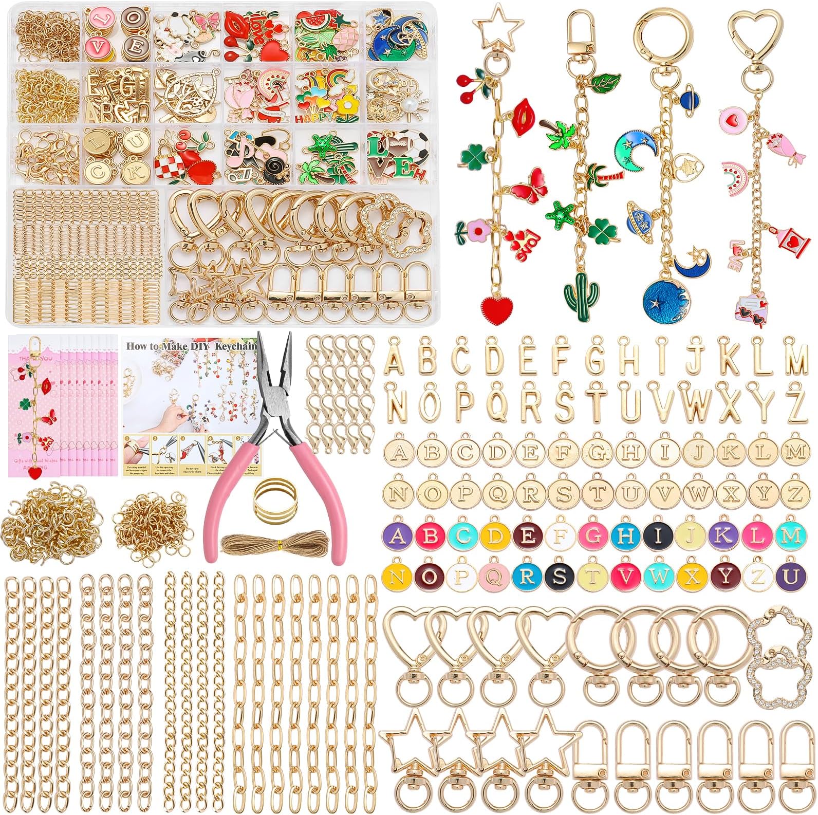 Riwiuue 668Pcs Lip Gloss Keychain Making Kit, DIY Charms Key Chain Kit with Charm, Pendant, Jump Ring, Crab Clip, Pliers, Gift Bag and Tools for Parent-Child Games, Mother's Day, Party Gift
