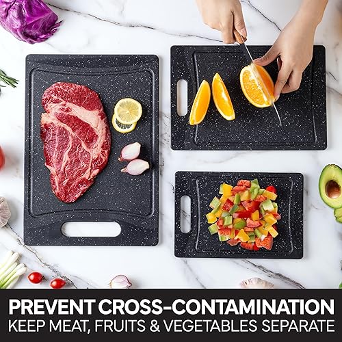 Miniatura 6 de COOK WITH COLOR Juego de tablas de cortar antideslizantes, esenciales de cocina con mango de fácil agarre para carne, verduras y frutas, 3 tablas de